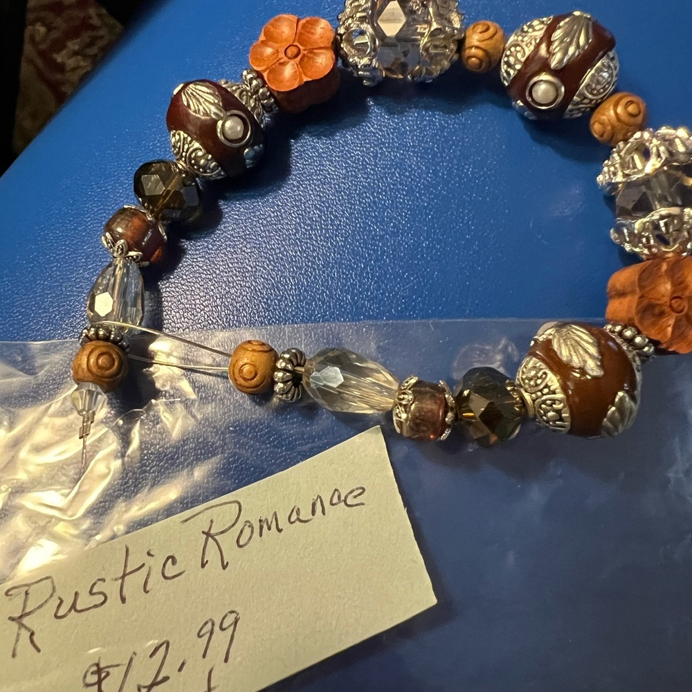 Brown Floral & Crystal Beaded Stretch Bracelet